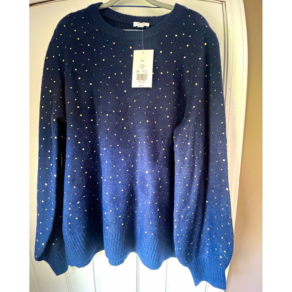 Crown & Ivy Womens 2XL Navy Gold Polka Dot Knit Crewneck Pullover Sweater NWT